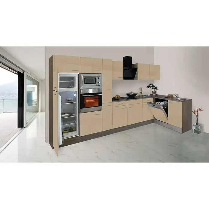 Respekta Winkelküche KBL370EYCMISGKE - 172 x 370 cm, Cappuccino Seidenglanz