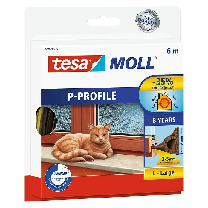 Tesa MOLL Burlete de caucho perfil P - Blanco, 6 m x 9 mm x 5,5 mm, Apto para: Desajustes de 2 - 5 mm - Vista frontal