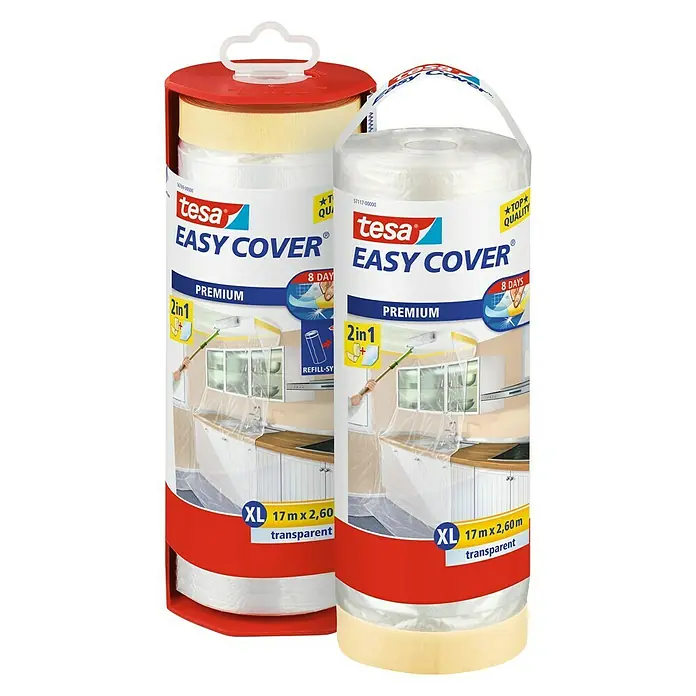 Tesa Easy Cover Premium Abdeckfolie - Ersatzrolle, 2,6 x 17 m, XL, Einseitiger Kreppkleberand - Vorderansicht