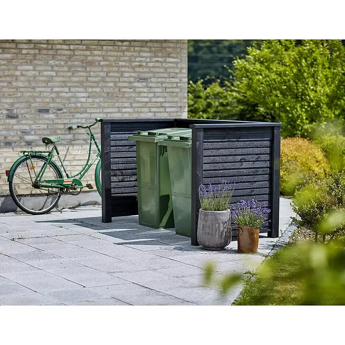Plus Mülltonnenverkleidung Plank - Außenbreite inkl. Dachüberstand: 194 cm, Außentiefe inkl. Dachüberstand: 97 cm, Holz, Schwarz - Stimmungsaufnahme