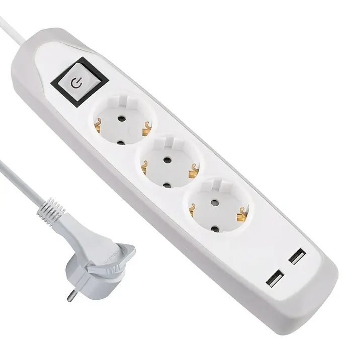 Electraline Base de enchufe múltiple con USB Gummy - Número de enchufes Schuko: 3 ud., Blanco/gris, Longitud del cable: 2 m