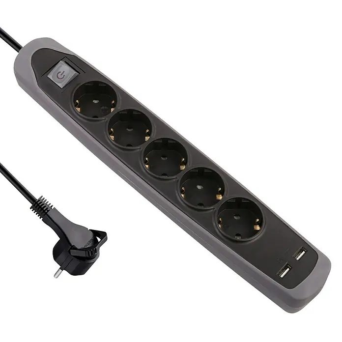 Electraline Base de enchufe múltiple con USB Gummy - Número de enchufes Schuko: 5 ud., Negro/Gris, Longitud del cable: 2 m