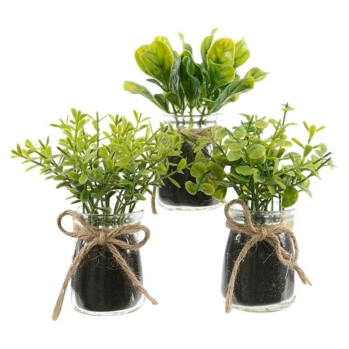 Planta artificial en frasco de cristal - Altura: 13 cm, Verde, Plástico