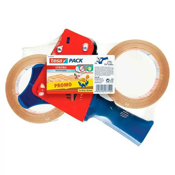 Tesa Pack Precintadora + 2 Rollos - Transparente, 66 m x 50 mm
