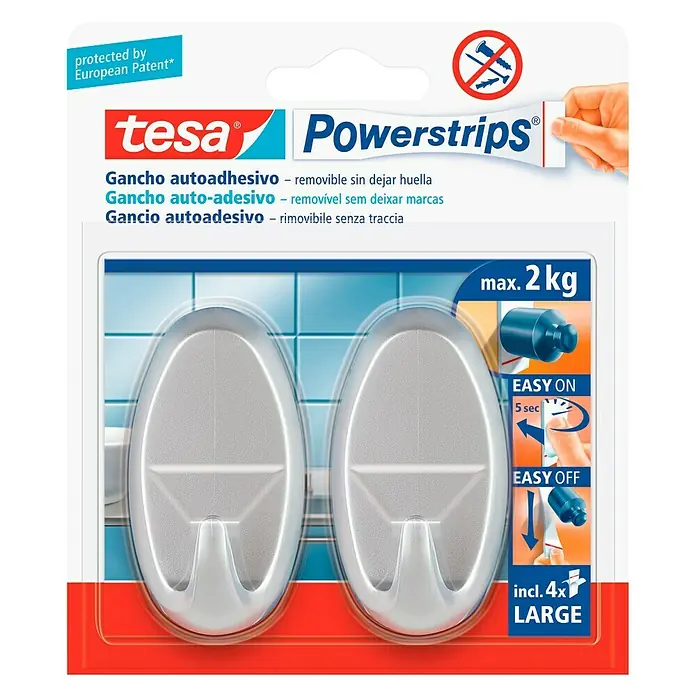 Tesa Powerstrips Gancho autoadhesivo Oval 2+4 - 2 ud., Plateado