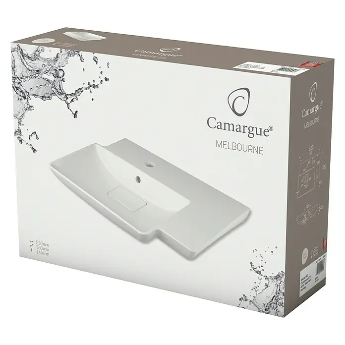 Camargue Waschtisch Melbourne - 52 x 36 cm, Ohne Spezialglasur, Hahnloch: Mitte, Mit Überlauf, Weiß