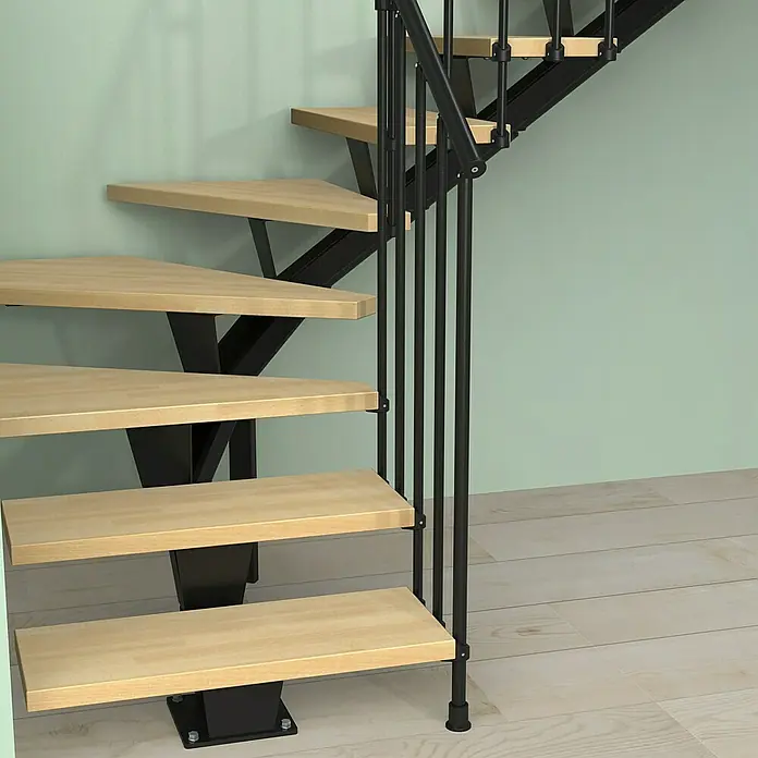 Fontanot Mittelholmtreppe Mas 030 - Breite: 75 cm, Schwarz, 1/4-gewendelt, Farbe Stufen: Buche Natur, Geschosshöhe: 186 cm - 286 cm - Ansicht von unten