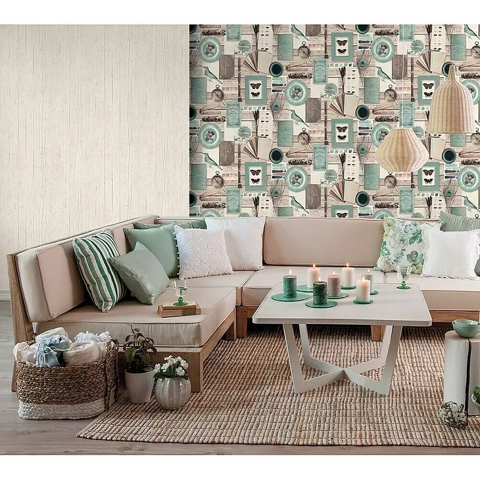 Lutèce Authentic Walls 2 Vliestapete Holz - Petrol/Beige, Motiv, 10,05 x 0,53 m - Stimmungsaufnahme