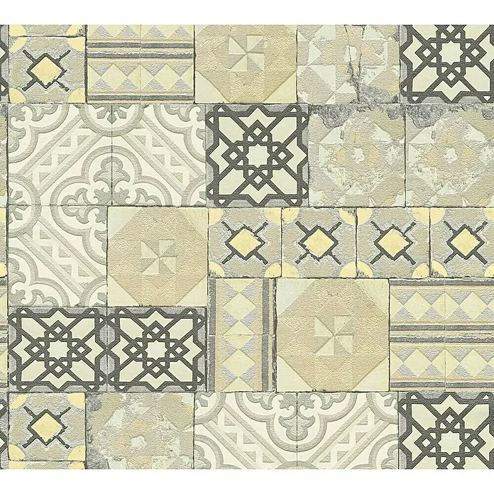 AS Creation Il Decoro Strukturtapete Musterfliese - Schwarz/Beige, Fliesenoptik, Reliefstruktur, 10,05 x 0,53 m - Detailaufnahme