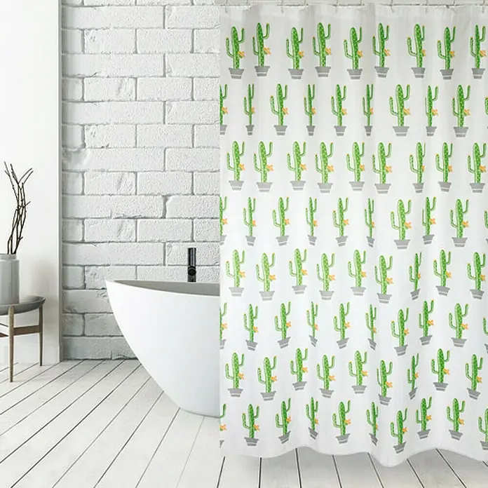 Venus Cortina de baño textil Cactus - An x Al: 180 x 200 cm, Blanco/Verde