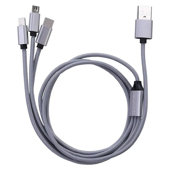 BAUHAUS USB-Ladekabel - Silber, 1 m, USB A-Stecker, USB C-Stecker, USB Micro-Stecker, Lightning-Stecker - Vorderansicht