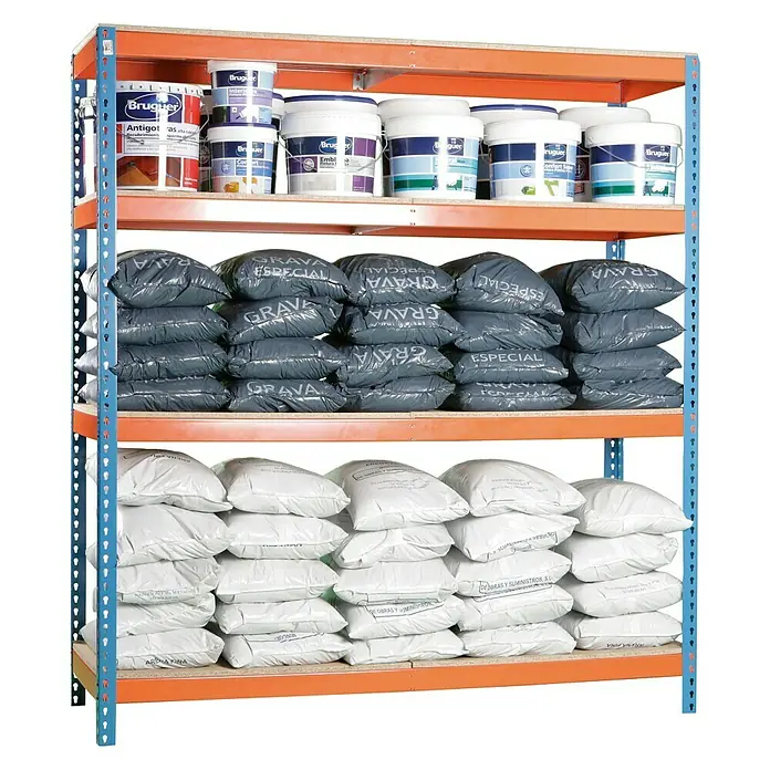 Simonrack Simonforte Estantería para cargas pesadas Chipboard - L x An x Al: 90 x 150 x 200 cm, Capacidad de carga: 600 kg/balda, Número de baldas: 4 ud., Azul/Naranja