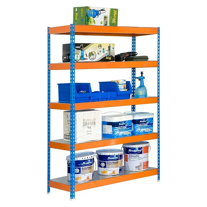 Simonrack Bricoforte Metall-Schwerlastregal - L x B x H: 60 x 120 x 200 cm, Traglast: 300 kg/Boden, Anzahl Böden: 5 Stk., Blau/Orange, Material Boden: Metall