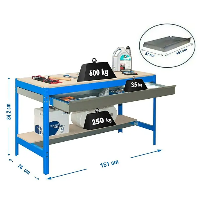 Simonrack Simonwork Banco de trabajo BT0 Box - L x An x Al: 76 x 151 x 84,2 cm, Capacidad de carga: 885 kg, Azul
