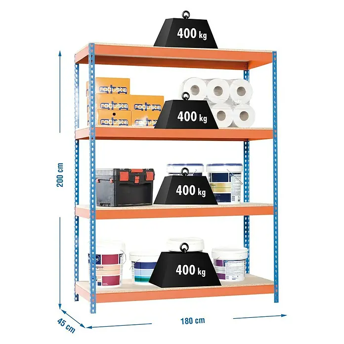 Simonrack Ecoforte Estantería para cargas pesadas Chipboard - L x An x Al: 45 x 180 x 200 cm, Capacidad de carga: 400 kg/balda, Número de baldas: 4 ud., Azul/Naranja