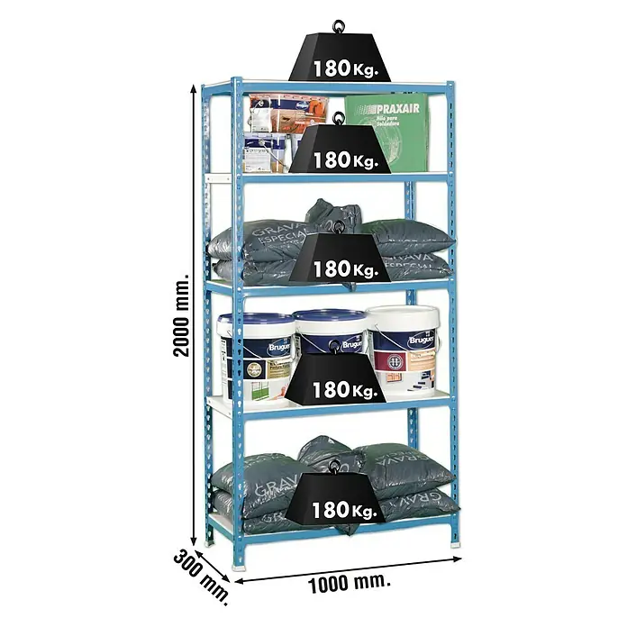 Simonrack Simonclick Estantería metálica Plus - L x An x Al: 30 x 100 x 200 cm, Capacidad de carga: 180 kg/balda, Número de baldas: 5 ud., Inserción, Azul/Blanco