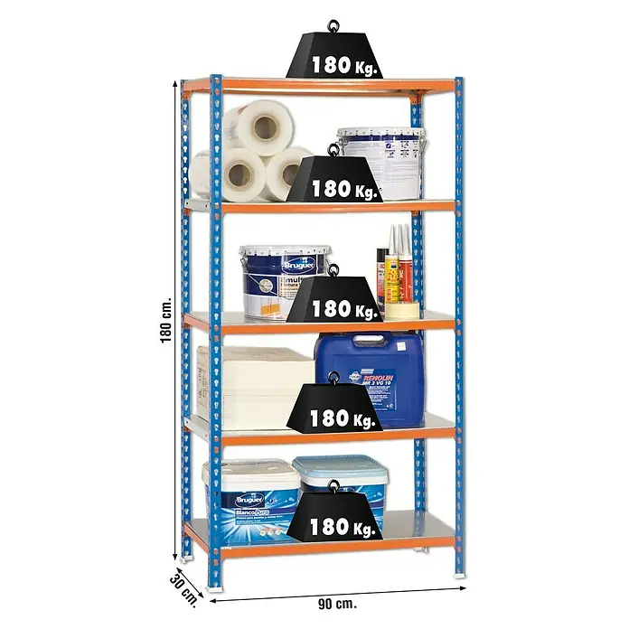 Simonrack Simonclick Estantería metálica Mini - L x An x Al: 40 x 80 x 180 cm, Capacidad de carga: 180 kg/balda, Número de baldas: 5 ud., Inserción, Azul/Naranja