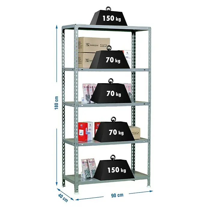 Simonrack Simonclick Estantería metálica Ecoclick - L x An x Al: 40 x 90 x 180 cm, Capacidad de carga: 150 kg/balda, Número de baldas: 5 ud., Inserción, Gris