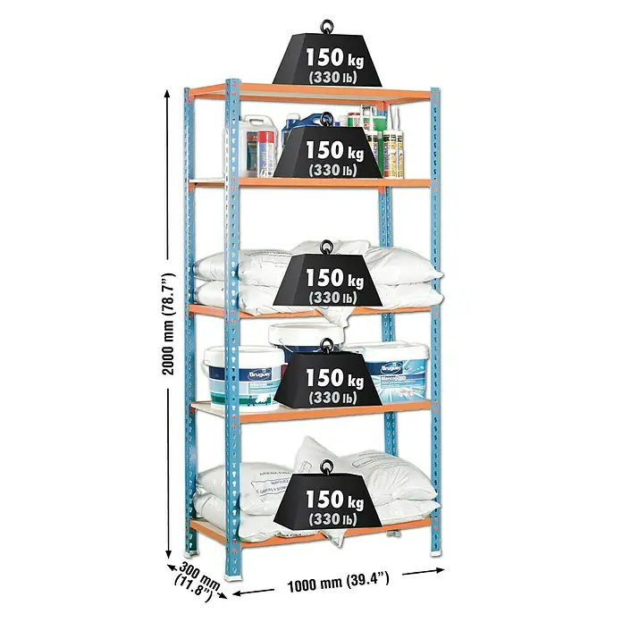 Simonrack Maderclick Estantería metálica Plus - L x An x Al: 30 x 100 x 200 cm, Capacidad de carga: 150 kg/balda, Número de baldas: 5 ud., Inserción, Azul/Naranja