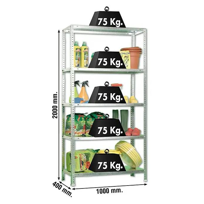 Simonrack Simonclassic Estantería metálica Advantage Plus - L x An x Al: 40 x 100 x 200 cm, Capacidad de carga: 75 kg/balda, Número de baldas: 5 ud., Atornillado, Galvanizado