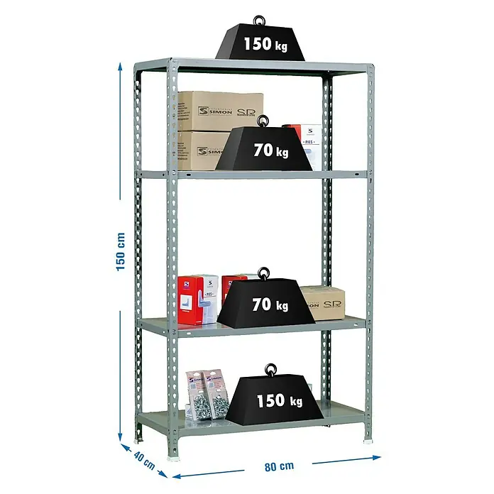 Simonrack Simonclick Estantería metálica Ecoclick Mini - L x An x Al: 40 x 80 x 150 cm, Capacidad de carga: 70 kg/balda, Número de baldas: 4 ud., Gris