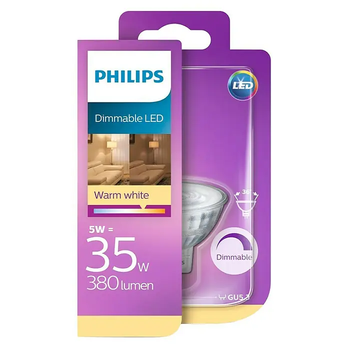 Philips Bombilla LED foco regulable - 5 W, GU5,3, Color de luz: Blanco cálido, Intensidad regulable, Redonda