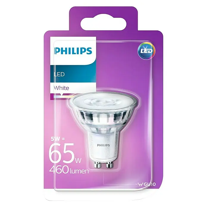 Philips Bombilla LED - 5 W, GU10, Color de luz: Blanco cálido, Redonda