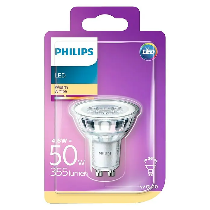 Philips Bombilla LED - 4,6 W, GU10, Color de luz: Blanco cálido, Redonda