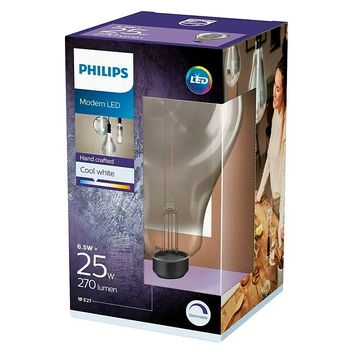 Philips Bombilla LED Modern Deco - 6,5 W, E27, Color de luz: Blanco neutro, Intensidad regulable, Redonda