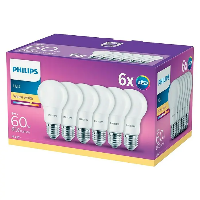 Philips Bombilla LED - 6 uds., E27, 8 W, Color de luz: Blanco cálido, No regulable