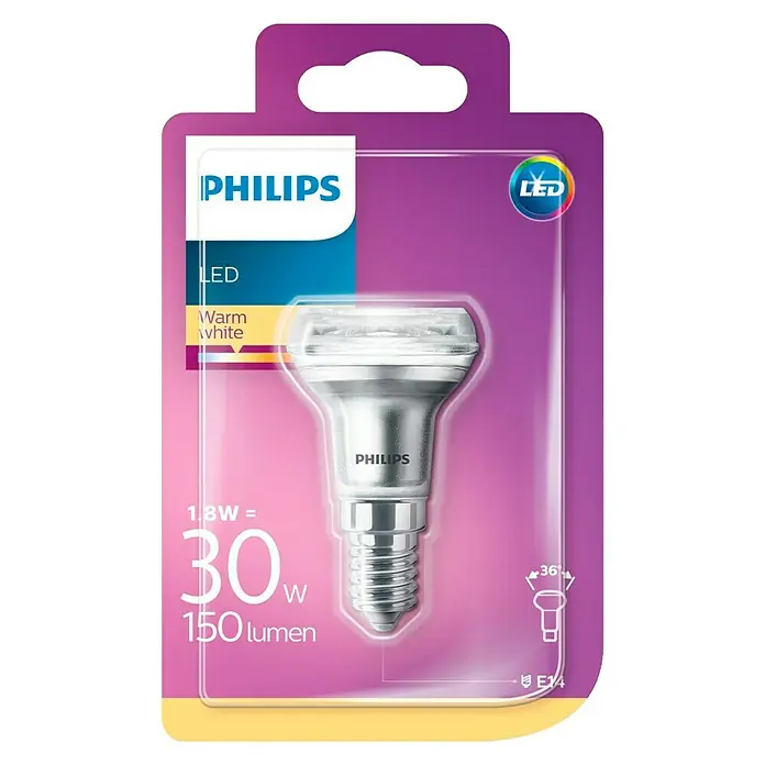 Philips Bombilla reflectora LED - 1,8 W, E14, 36 °, Color de luz: Blanco cálido