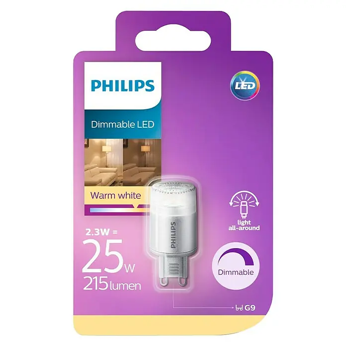 Philips Bombilla LED cápsula regulable - 2,5 W, G9, Color de luz: Blanco cálido, Intensidad regulable, Capsular