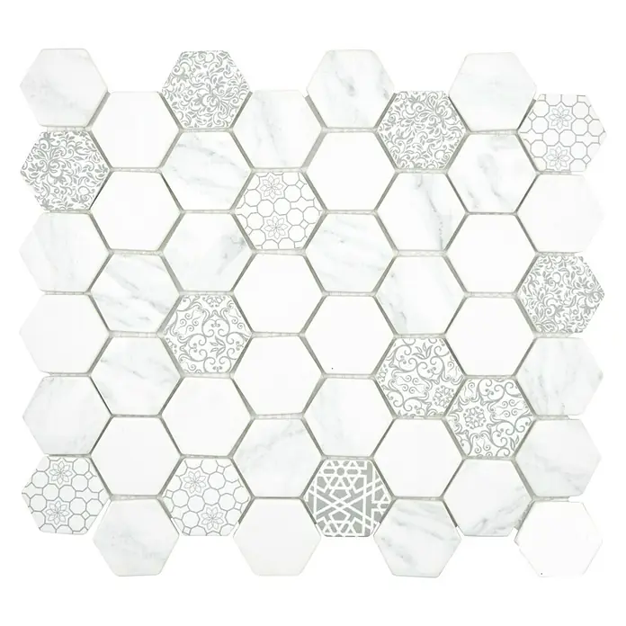 Mosaikfliese Hexagon Mix EMILY HX65 - 32,4 x 28 cm, Grau/Weiß, Matt - Vorderansicht