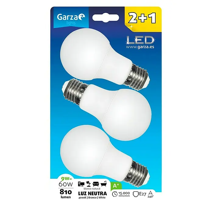 Garza Bombilla LED - 3 uds., 9 W, E27, Color de luz: Blanco neutro