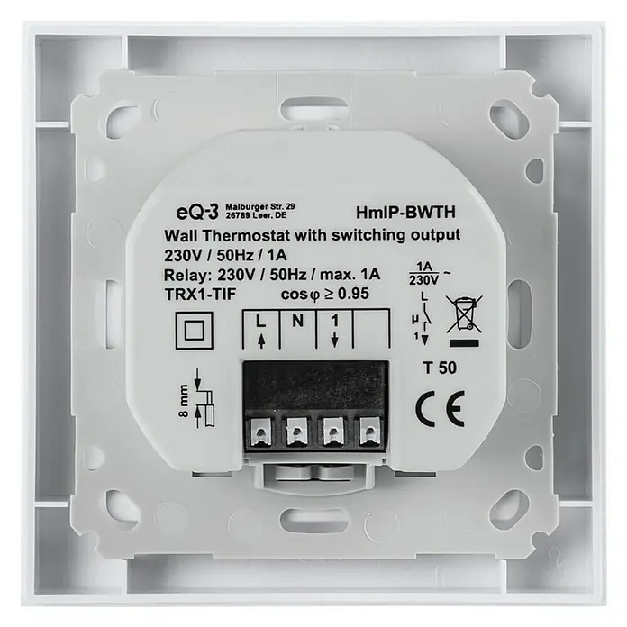 Homematic IP Funk-Raumthermostat HmIP-BWTH - Netzbetrieben, 230 V/50 Hz, 54 x 86 x 86 mm - Rückansicht