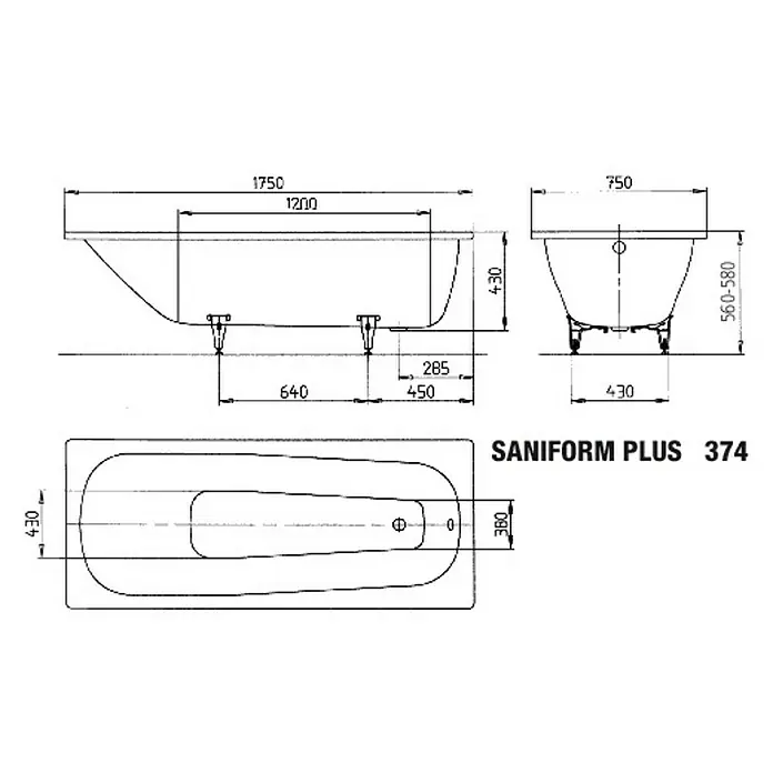 Kaldewei Badewanne Saniform 374 - 175 x 75 cm, Stahl-Email, Alpinweiß - Skizze