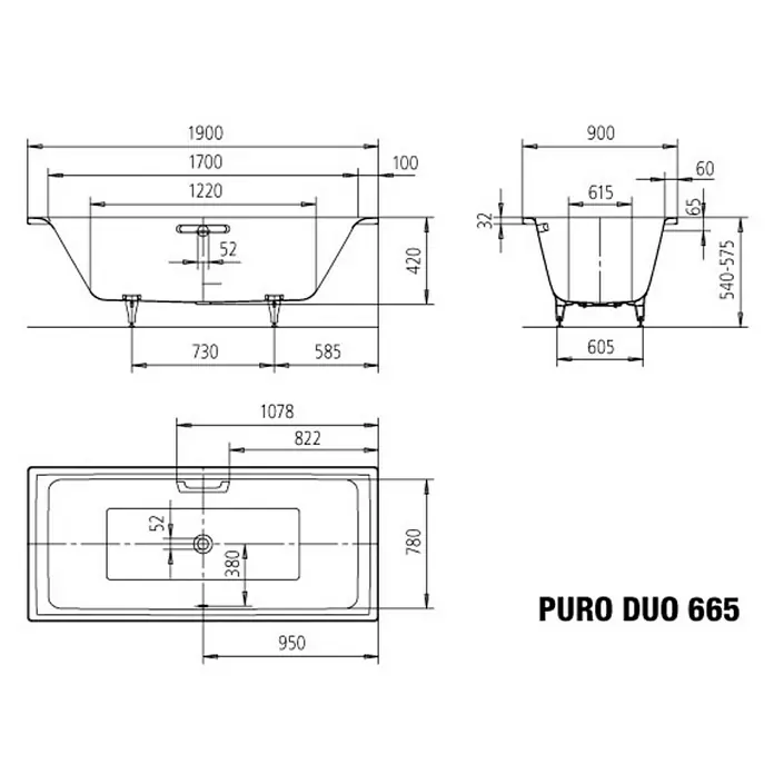 Kaldewei Badewanne Puro Duo 665 - 190 x 90 cm, Stahl-Email, Alpinweiß - Skizze