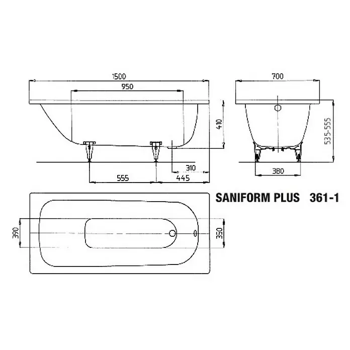Kaldewei Badewanne Saniform Plus 361-1 - 150 x 70 cm, Stahl-Email, Alpinweiß - Skizze