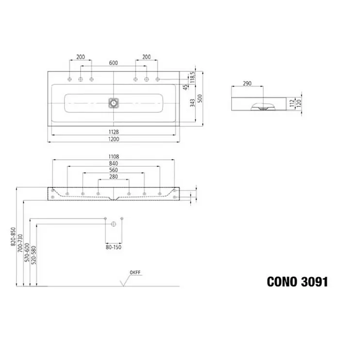 Kaldewei Waschtisch Cono - 120 x 50 cm, Mit schmutzabweisender Glasur, Hahnloch: Mitte, Ohne Überlauf, Weiß - Skizze