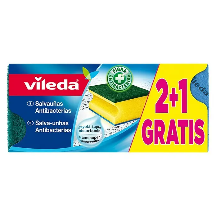 Vileda Estropajos Salvauñas Antibacterias 2+1 - 9 x 7 x 4,5 cm, 3 ud.