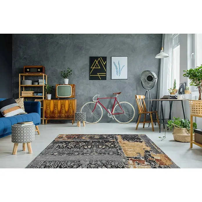 Kayoom Flachgewebeteppich Blaze - Grau/Braun, 150 x 75 cm, 74 % Polyester, 25 % Baumwolle, 1 % Latex - Stimmungsaufnahme