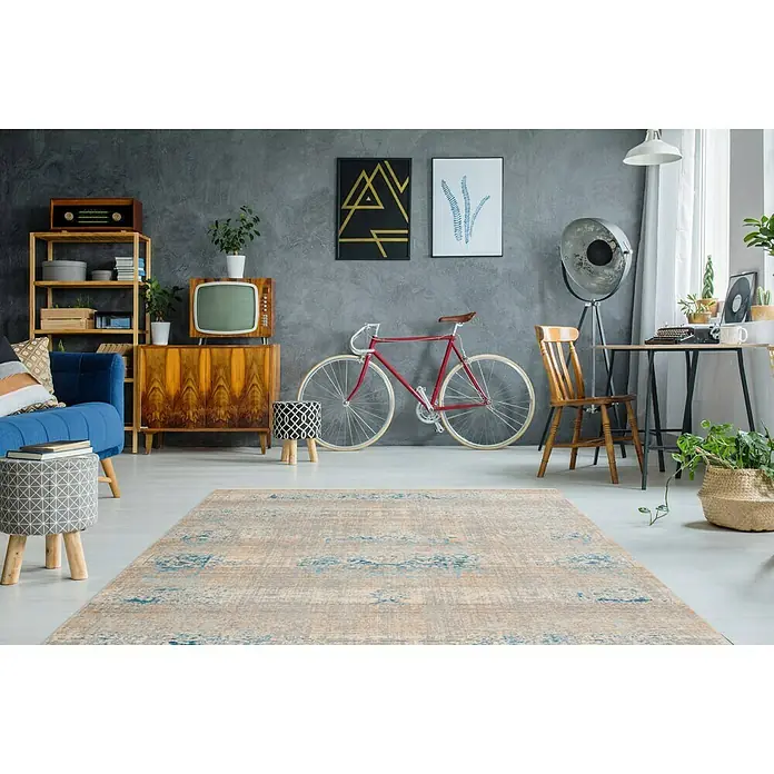 Kayoom Kurzflorteppich Baroque - Beige/Blau, 170 x 120 cm, 100 % Polyester - Stimmungsaufnahme