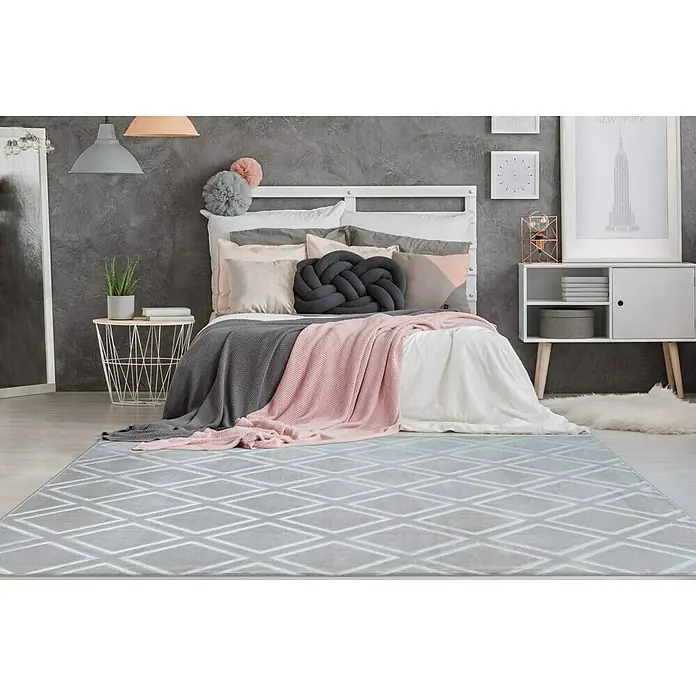 Kayoom Kurzflorteppich Monroe III - Grau/Blau, 230 x 160 cm, 100 % Polyester - Stimmungsaufnahme
