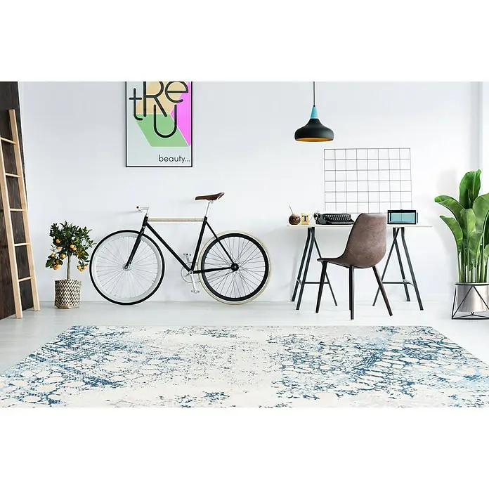 Kayoom Flachgewebeteppich Galaxy - Creme/Blau, 150 x 80 cm, 100 % Polyester - Stimmungsaufnahme