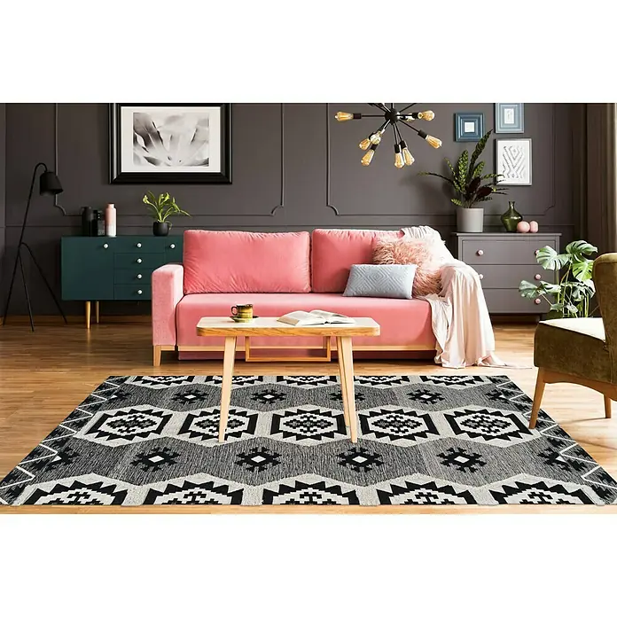 Kayoom Flachgewebeteppich Ethnie II - Grau, 150 x 80 cm, 100 % Baumwolle - Stimmungsaufnahme
