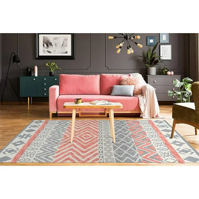 Kayoom Flachgewebeteppich Ethnie I - Grau/Rot, 230 x 160 cm, 100 % Baumwolle - Stimmungsaufnahme