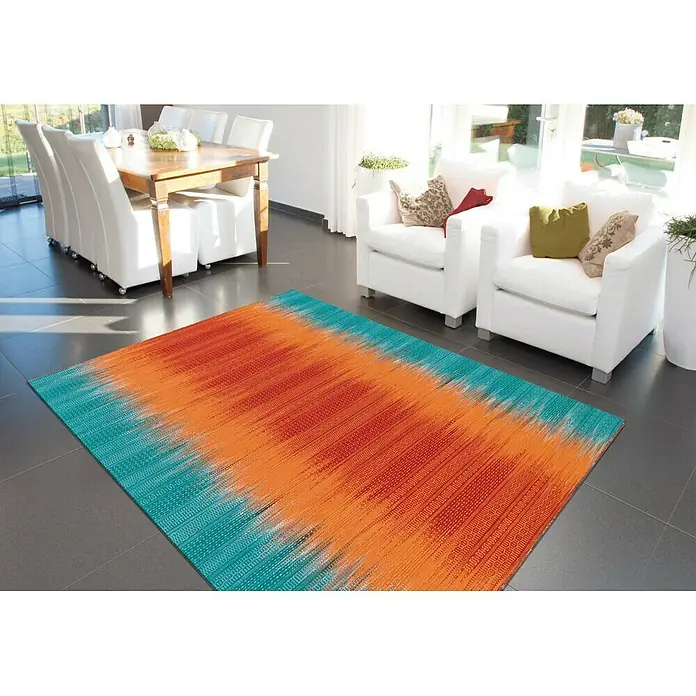 Kayoom Wollteppich Sunset - Orange/Türkis, 240 x 170 cm, 80 % Neuseeland-Wolle, 20 % Baumwolle - Stimmungsaufnahme