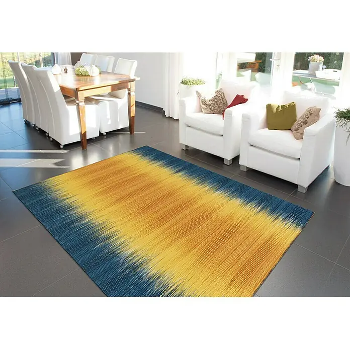 Kayoom Wollteppich Sunset - Gelb/Blau, 200 x 140 cm, 80 % Neuseeland-Wolle, 20 % Baumwolle - Stimmungsaufnahme