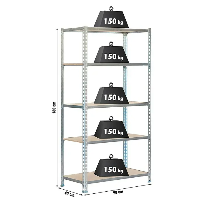 Simonrack Maderclick Metallregal - L x B x H: 40 x 90 x 180 cm, Traglast: 150 kg/Boden, Anzahl Böden: 5 Stk., Stecken, Silber