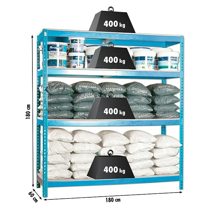 Regalux Estantería para cargas pesadas XXL - L x An x Al: 60 x 180 x 180 cm, Capacidad de carga: 400 kg/balda, Número de baldas: 4 ud., Inserción, Azul